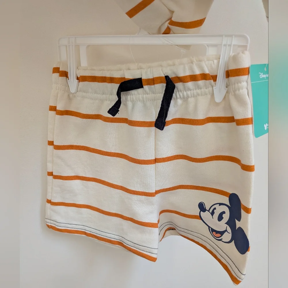 NWT Disney Baby Cream Striped Two Piece Shirt Hoodie And Shorts Size 12 Months